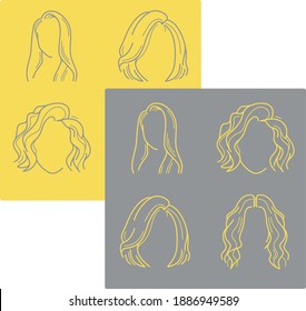 Iconos de peluca vectorial de contorno amarillo y gris.  Cabello largo de peinado aislado en un fondo opuesto 