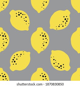 Yellow gray pattern with lemon fruits. Citrus on grey background. Seamless repeated design. Greay for digital paper, textile, fabric, decor, wrapping. Vector graphics