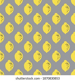 Yellow gray pattern with lemon fruits. Citrus on grey background. Seamless repeated design. Greay for digital paper, textile, fabric, decor, wrapping. Vector graphics