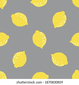 Yellow gray pattern with lemon fruits. Citrus on grey background. Seamless repeated design. Greay for digital paper, textile, fabric, decor, wrapping. Vector graphics