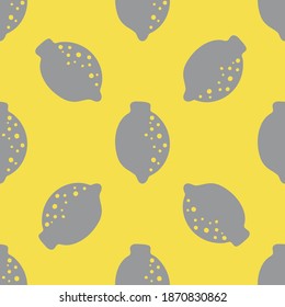 Yellow gray pattern with lemon fruits. Citrus on grey background. Seamless repeated design. Greay for digital paper, textile, fabric, decor, wrapping. Vector graphics