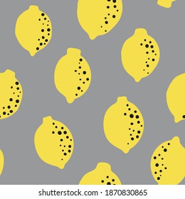 Patrón gris amarillo con frutos de limón. Citrus de fondo gris. Diseño repetido e impecable. Greay para papel digital, textil, tela, decoración, envoltura. Gráficos vectoriales