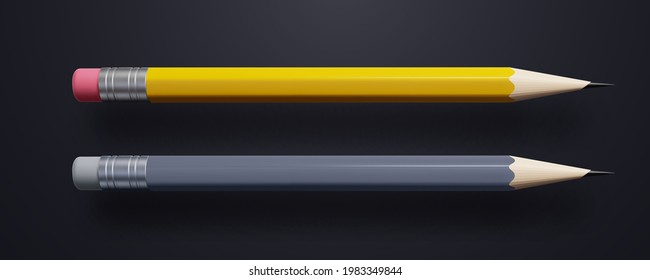 Yellow and gray pencils isolated on black background. Vector 3d illustration. Stationery items. Educational banner design elements