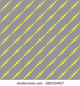Patrón rayado diagonal amarillo y gris sin costuras, ilustración vectorial. Patrón sin brillo con líneas amarillas de puntos en gris. Fondo geométrico de rayas punteadas