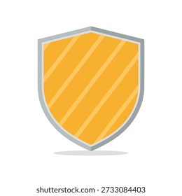 Yellow and gray striped shield icon symbolizing protection security and safety rendered in minimalist flat design style with subtle shadow for depth