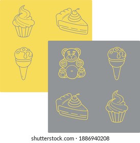 Die Vektorsymbole sind in Gelb und Grau eingestellt.  Kollektion von Eis, Cupcakes, gummmigen Bären.  Yummy-Zeichen einzeln auf kontrastem Hintergrund 