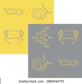 Los íconos de peces y anfibios con vectores amarillos y grises se ponen. Colección de caracoles, sapo, renacuajo, escuela de peces aislados en un fondo opuesto 