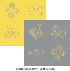 Yellow and gray vector macaroni icons set.  Collection of pasta: Farfalle, tube-shaped pasta, penne, stars.  Isolated on a contrasting background 