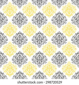 yellow, gray & white damask flower pattern, seamless texture background