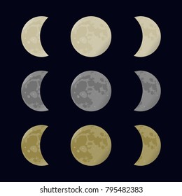 Yellow, gray and white moon. Full and half. Phases vector illustration. Astronomy design.
