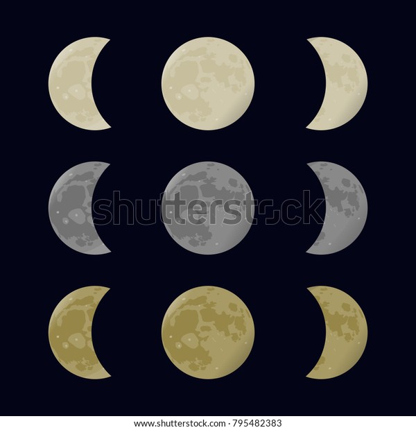 Yellow, gray and white moon. Full and\
half. Phases vector illustration. Astronomy\
design.