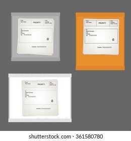Yellow, gray and white packaging parcels square and rectangular with the data sender and receiver on a gray background.
