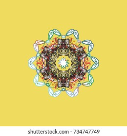 Yellow, gray and white snow on yellow, gray and white colors. Snowflake simple. Symbol of winter, Merry Christmas holiday, Happy New Year celebration Vector. Abstract wallpaper, wrapping decoration.