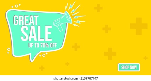 yellow great sale ad banner design. speech bubble with speaker icon