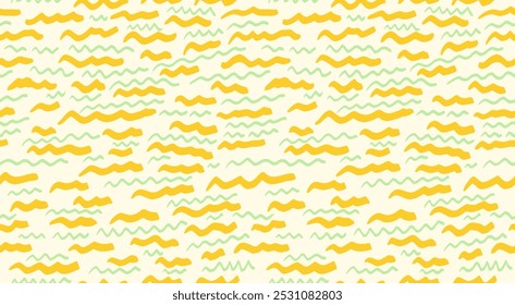 Yellow and green abstract organic shapes seamless pattern. Cute doodle wavy lines print. Vector hand drawn. Minimalist background ornament for designs, children textiles, cover