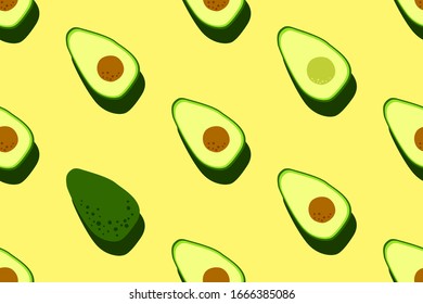 Yellow green avocado pattern. Seamless food vegetable background. Bright kitchen, home decor or healthy eating design. Cartoon flat design. Vector illustration.