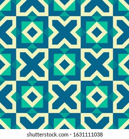yellow, green, azure polygons, segments, squares, triangles and stripes are arranged in rows in groups and form an abstract seamless pattern. vector