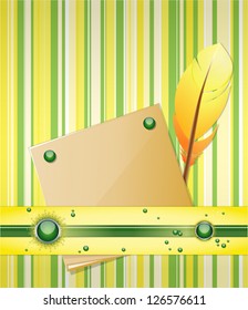 Yellow - green background with feather and paper.  Illustration 10 version