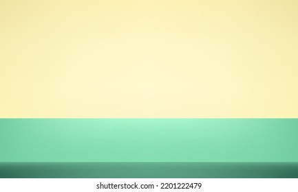 Yellow Green background. Minimal 3d shelf. Space for displaying products. Empty room with spotlight effect. Room in the 3d. Vector illustration.