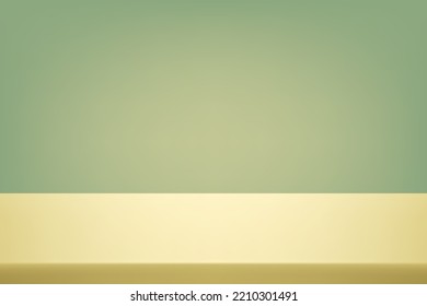 Yellow Green background. Minimal 3d shelf. Space for displaying products. Empty room with spotlight effect. Room in the 3d. Vector illustration.