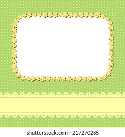Yellow and green background with small circles and floral rectangular frame