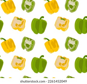 Yellow, green bell pepper whole and cut in half. Seamless pattern in vector. Isolated figures. Natural product. Useful vegetables.