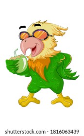 A yellow green bird wearing glasses and bring the coconut drink in the summer time
