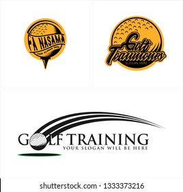 Yellow green black line art golf ball swash round hole badge combination mark logo design concept suitable for event tournament education sport