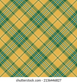 Yellow, green and blue argyle tartan plaid. Scottish pattern fabric swatch close-up.