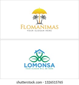 Yellow green blue line art tree coconut umbrella leaf roof combination mark logo design suitable for financial business agency