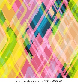 Yellow, green, blue, pink colors. Geometric and hand drawn elements. Bright seamless texture from rhombus. Abstract vector background for web page, banners backdrop, fabric, home decor, wrapping