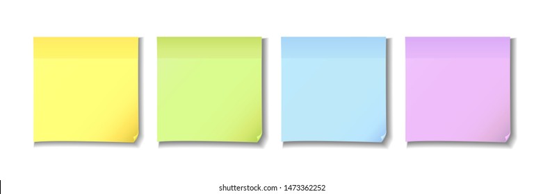 Yellow, green, blue and pink sticky notes paper. Four post note colorful paper on white background. Vector illustration