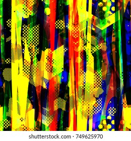 Yellow, green, blue, red colors Vertical stripes, dots, arrows. Urban seamless texture for sports or boys design Abstract vector background for web page, banners backdrop, fabric, home decor, wrapping