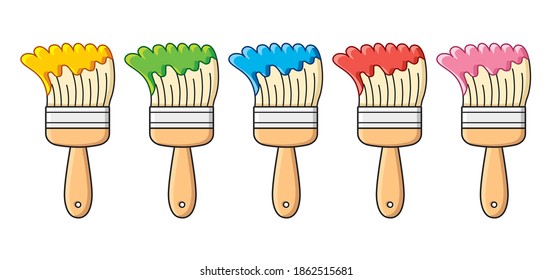 Yellow, green, blue, red and pink colors paint brush isolated cartoon vector icons set.