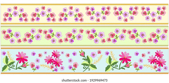 Yellow, green, blue ribbon continuous border ornament of purple and pink geranium, red chamomiles, gold braid, stylized, hand drawn, for embroidery of folk costume, for wedding invitations and cards