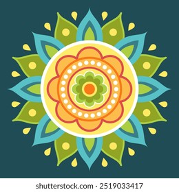Yellow, green and blue symmetrical mandala on a dark green background. Ethnic mandala. Oriental pattern, vector illustration. Relaxation, meditation. Indian or Arabic mandala. Diwali festival.