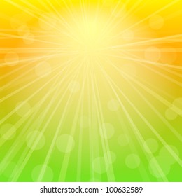 Yellow Green Blurred Sky Background with Rays of Sunlight. Vector Illustration