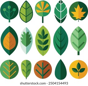 Yellow, green and brown autumn leaves of various plants. Maple, oak, chestnut leaves and acorns cartoon illustration set. Foliage, fall decoration, September concept.