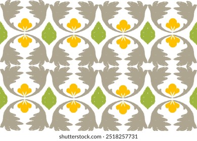 Yellow, green, brown embroidery, motif ethnic ikat seamless textile illustration, print striped ornament, pattern, design for wrapping, silk, scarf, clothing, background, textile, carpets, curtains.