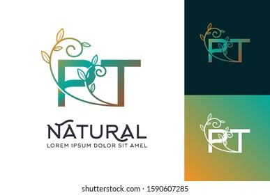 Yellow green brown gradient wedding floral initial PT icon design. Vector logo template