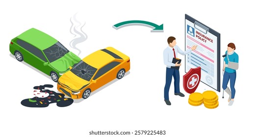 A yellow and green car crashed, causing injuries. A professional explains an insurance policy to an injured woman with a sling. Isometric vector illustration