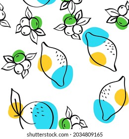 Yellow and Green Citrus and Blueberry Vector White Seamless Pattern. Line Orange and Berry Background. Blue and Orange Apricot and Lime Summer Texture.