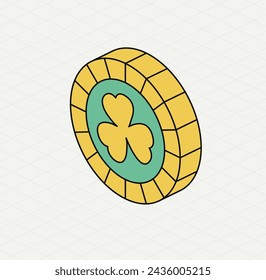 Yellow green coin. Isometric icon. Symbol of Saint Patrick day. Vector illustration. Modern style.