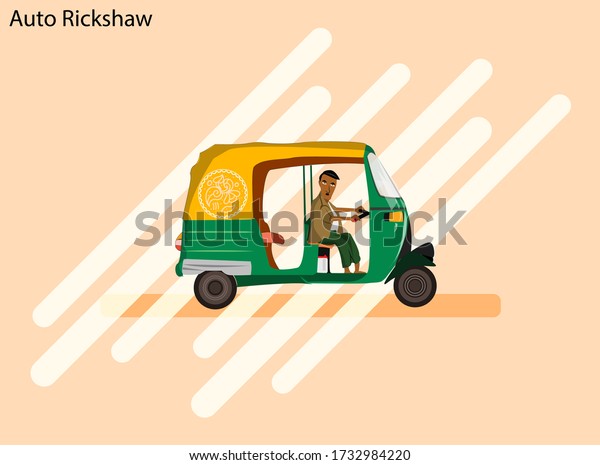 Yellow and Green Color Auto Rickshaw Flat\
vector icon\
Illustration