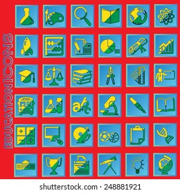 yellow and green color education icons in blue square