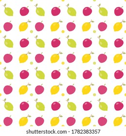 Yellow and green color lemon and berry fruits simple seamless pattern on white background for packaging and textile. Colorful food endless flat vector fabric for summer.