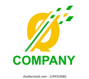 yellow and green color logo symbol digital slice type letter q like pixel image initial business logo design idea illustration shape for modern premium corporate