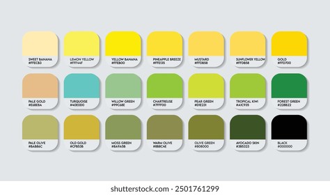 Yellow and Green Color Palette, Yellow and Green Color Guide Palette with Color Names. Catalog Samples of Yellow and Green with RGB HEX codes and Names. Paint, Nature, Plastic, Fashion Trend Colors