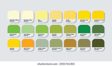 Yellow and Green Color Palette, Yellow and Green Color Guide Palette with Color Names. Catalog Samples of Yellow and Green with RGB HEX codes and Names. Paint, Nature, Plastic, Fashion Trend Colors