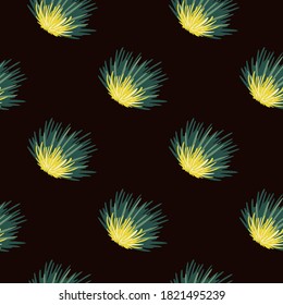 Yellow and green colored bush silhouettes seamless pattern. Stylized foliage shrubs on black background. Designed for wallpaper, textile, wrapping paper, fabric print. Vector illustration.